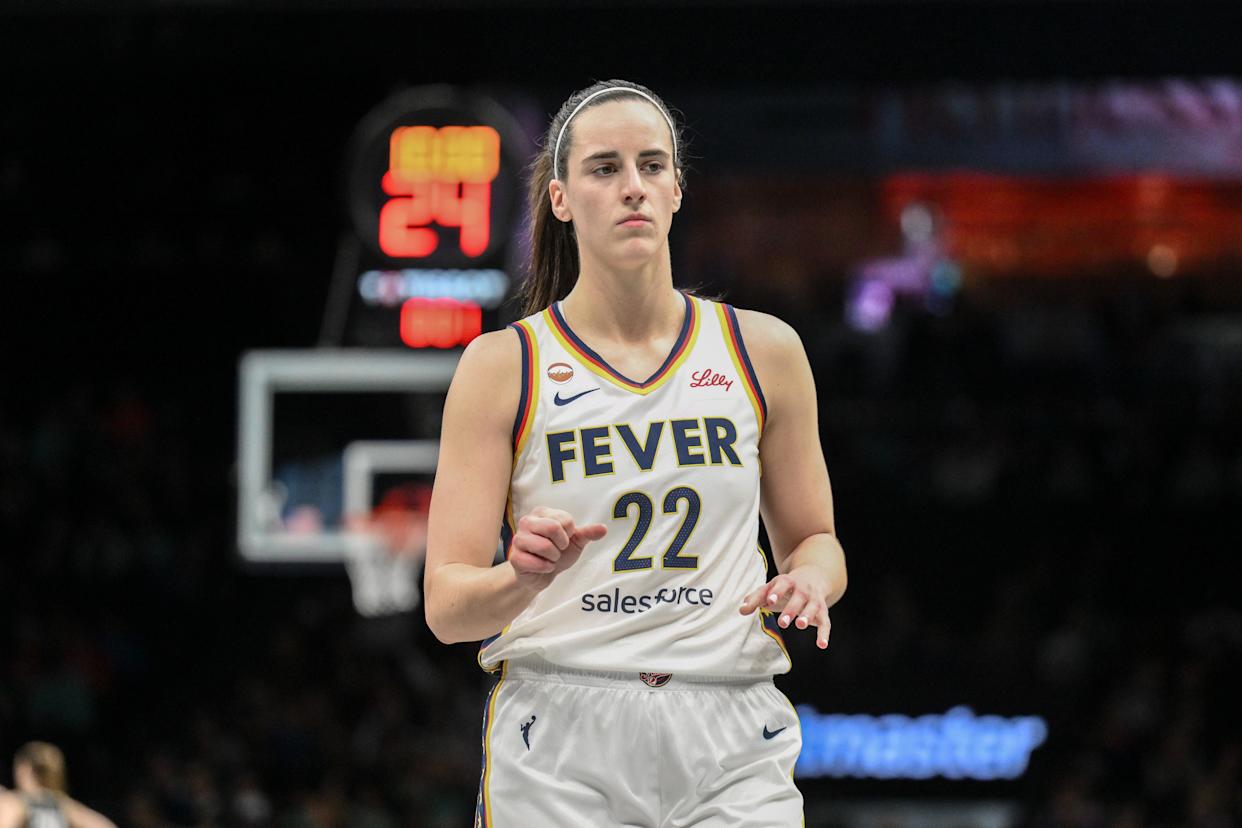 Apr 25, 2026; Brooklyn, NY, USA; Indiana Fever guard Caitlin Clark (22) during the first half against the New York Liberty at Barclays Center.