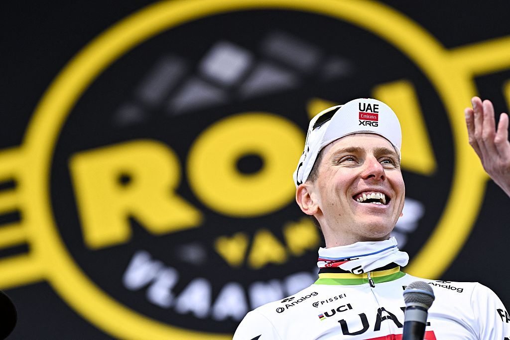 Slovenian Tadej Pogacar of UAE Team Emirates celebrates on the podium after winning the men's race of the 'Ronde van Vlaanderen/ Tour des Flandres/ Tour of Flanders' one day cycling race, 268,9km from Brugge to Oudenaarde, Sunday 06 April 2025. BELGA PHOTO JASPER JACOBS (Photo by JASPER JACOBS / BELGA MAG / Belga via AFP)