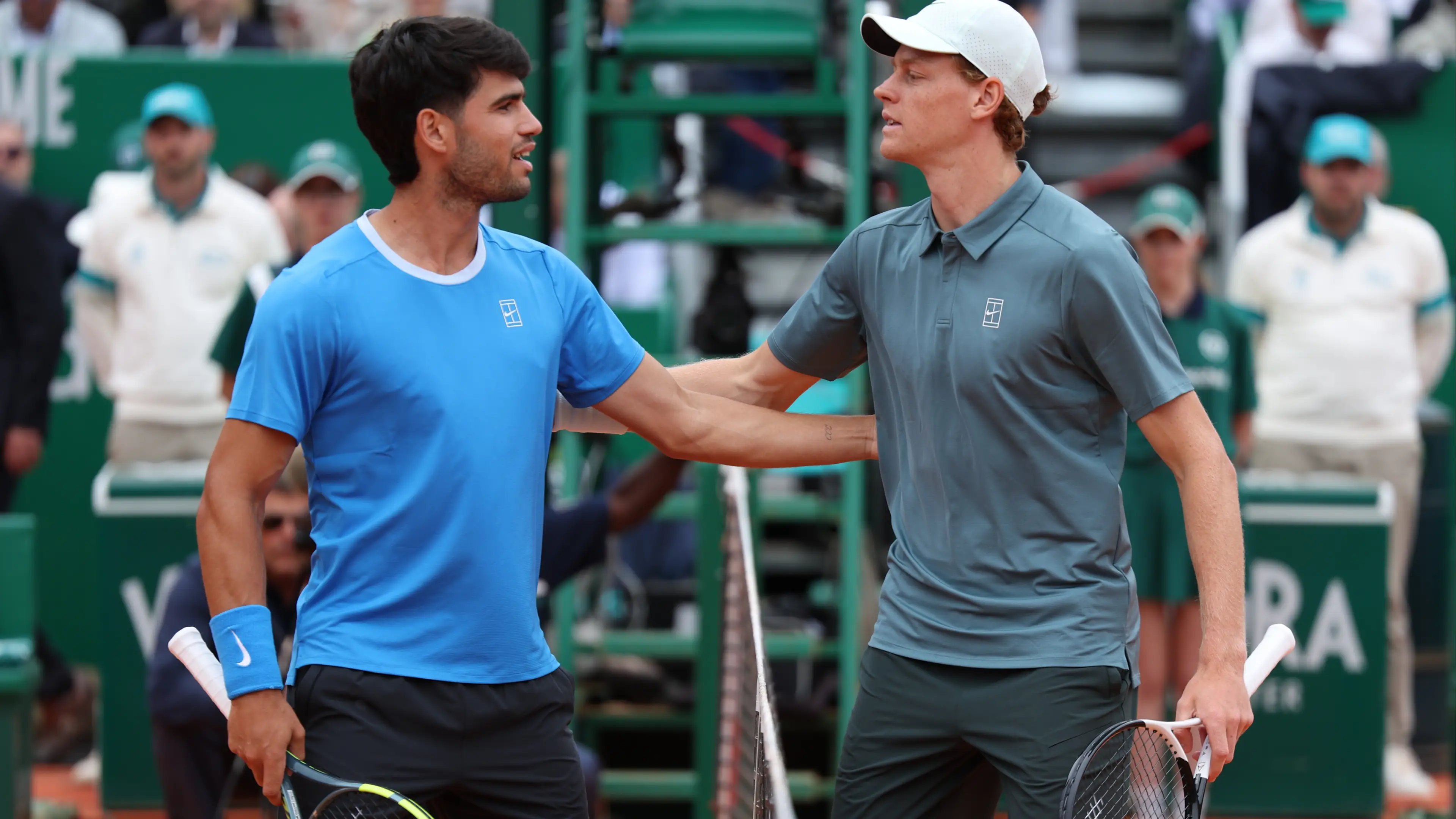 Carlos Alcaraz of Spain and Jannik Sinner of Italy before the Final match on day Eight of the Rolex Monte-Carlo Masters