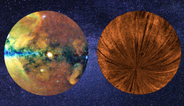 On the left, a circle shows colorful blobs that make sort of a line pattern in the center. On the right, streaks move outward from a central point.