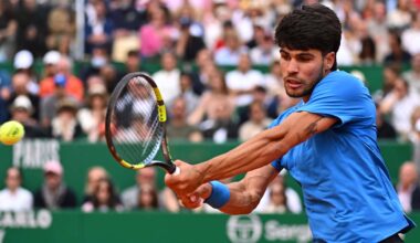 Carlos Alcaraz in action on Sunday during the Rolex Monte-Carlo Masters title match.