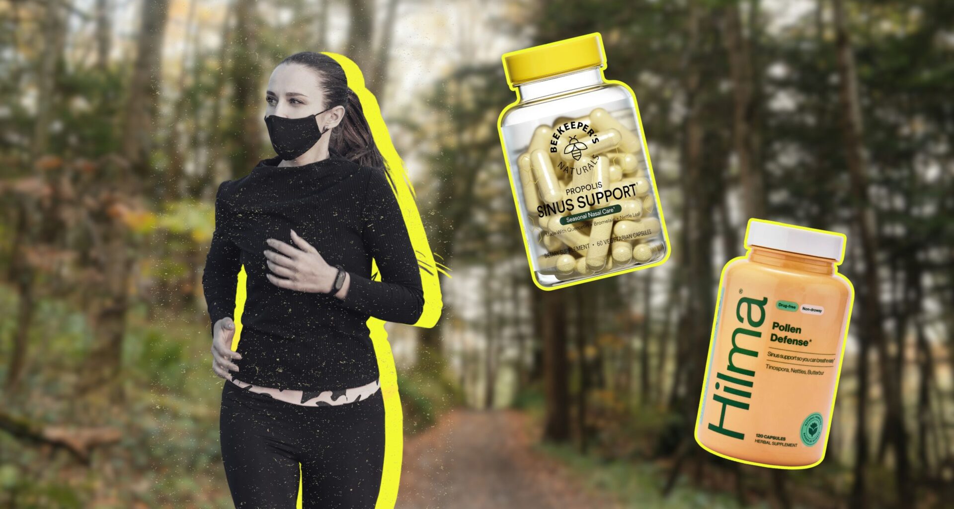 a woman wearing a mask while running outdoors with allergies and pollen all around her