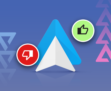 Android Auto logo flanked by thumbs up and thumbs down icons.