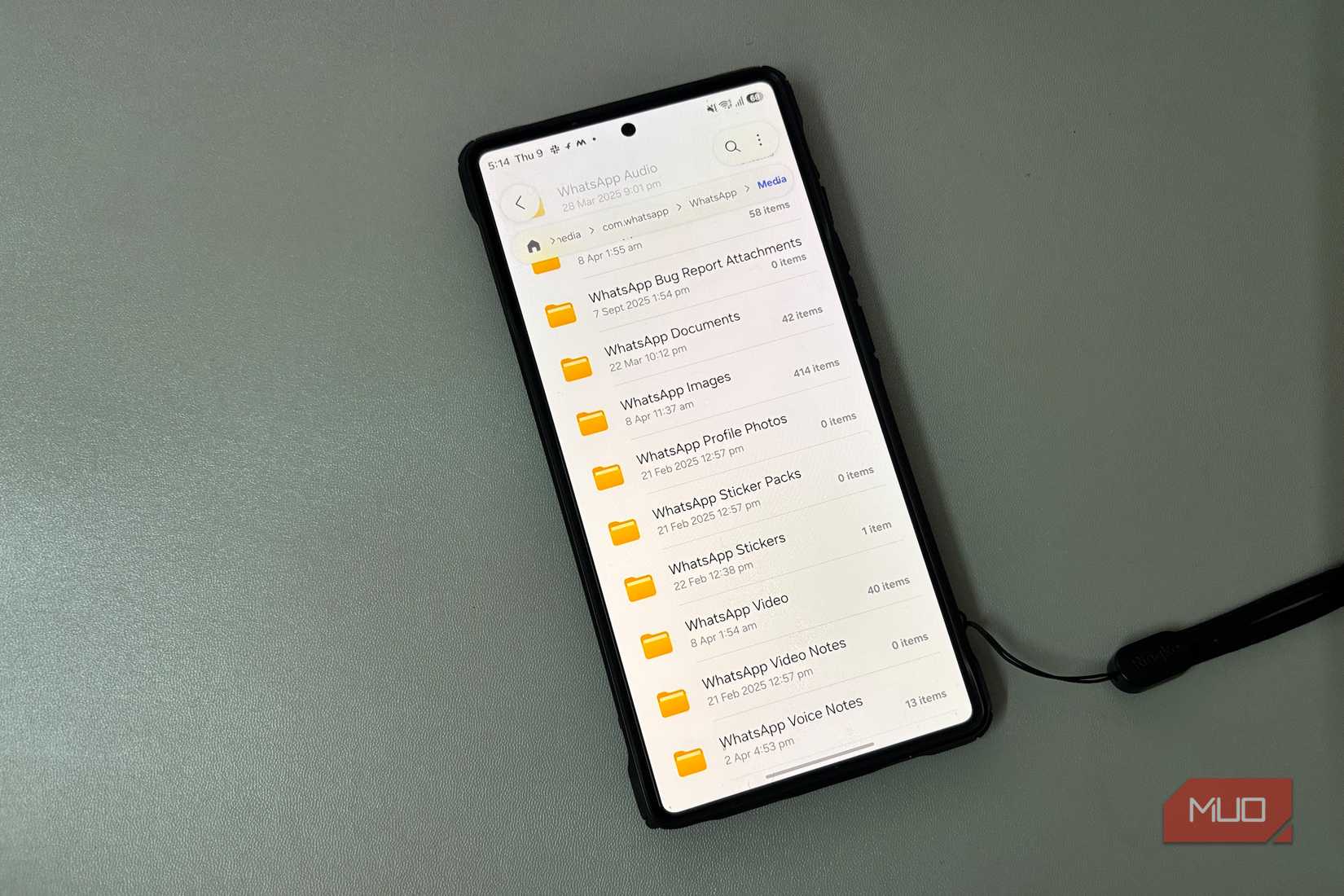Android phone showing WhatsApp media folders list