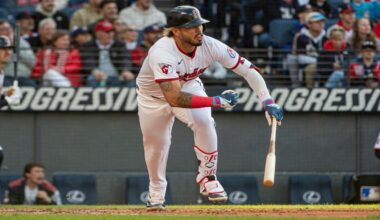 Cleveland Guardians' Gabriel Arias watches his two-run RBI double off Los Angeles Angels Ryan Zeferjahn during the seventh inning of a baseball game, Saturday, May 31, 2025, in Cleveland. (AP Photo/Phil Long)