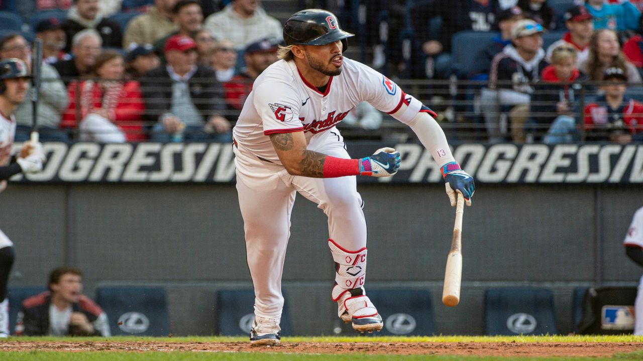 Cleveland Guardians' Gabriel Arias watches his two-run RBI double off Los Angeles Angels Ryan Zeferjahn during the seventh inning of a baseball game, Saturday, May 31, 2025, in Cleveland. (AP Photo/Phil Long)