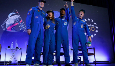 The Artemis II crew (from left) Jeremy Hansen, Christina Koch, Victor Glover and Reid Wiseman come to centre stage at the end of a crew return event on Saturday, April 11, 2026, at Ellington Field in Houston.