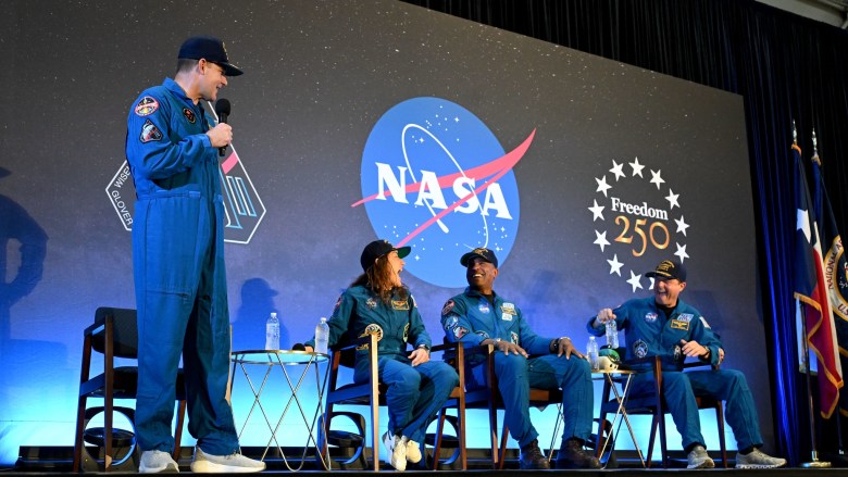 Artemis 2 crew, NASA astronauts Reid Wiseman, commander; Victor Glover, pilot; Christina Koch, mission specialist; and CSA (Canadian Space Agency) astronaut Jeremy Hansen, shared brief remarks with friends, family, and colleagues after they landed at Ellington Airport near NASA’s Johnson Space Center in Houston on Saturday, April 11, 2026, after a nearly 10-day journey around the Moon and back to Earth. Credit: NASA/Helen Arase Vargas