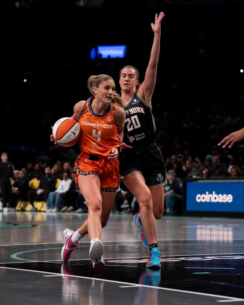 Sabrina Ionescu #20 of the New York Liberty defends against Jacy Sheldon #4 of the Connecticut Sun during a pre-season matchup at Barclays Center. Michelle Farsi/New York Post