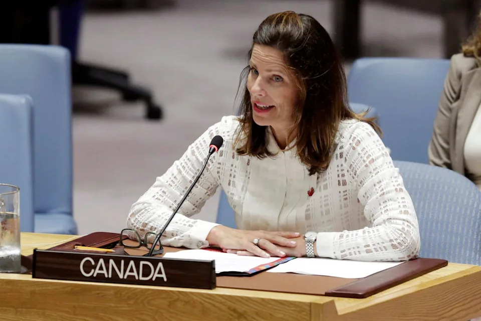 Canada's Deputy Permanent Representative Louise Blais addresses the United Nations Security Council, Wednesday, Aug. 29, 2018. (AP Photo/Richard Drew)