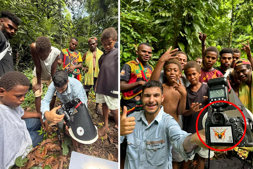 Left: Nick Volpe photographing Gasteracantha aciculata in Papua New Guinea with a group of locals watching. Right: Moments later, Nick holds up his camera, showing the spider on the screen.