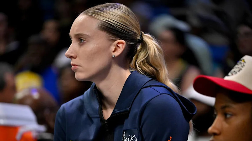 Aug 8, 2025; Arlington, Texas, USA; Dallas Wings guard Paige Bueckers (5) looks on during the first half against the New York Liberty at College Park Center. Credit: Jerome Miron-Imagn Images