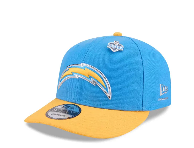 Men's New Era Powder Blue/Gold Los Angeles Chargers 2026 NFL Draft On Stage Pre-Curved 9FIFTY Snapback Hat