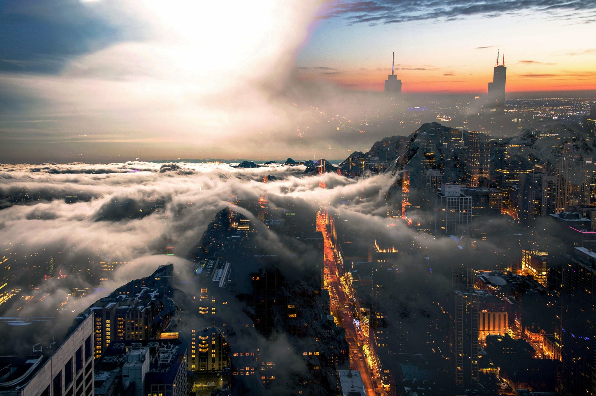 two photographs digitally superimposed, like a double-exposure, depicting mountains and a cityscape