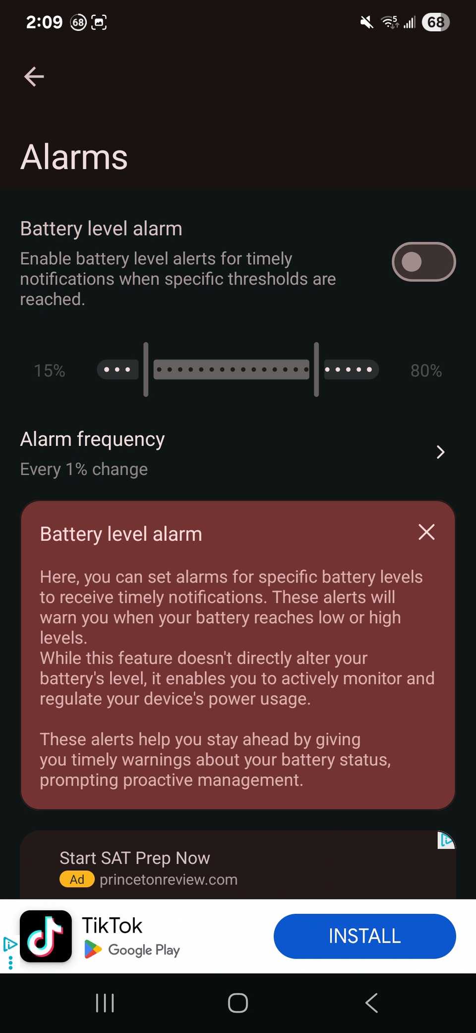 Customizing alarms in the Battery Guru app with in-app explanations