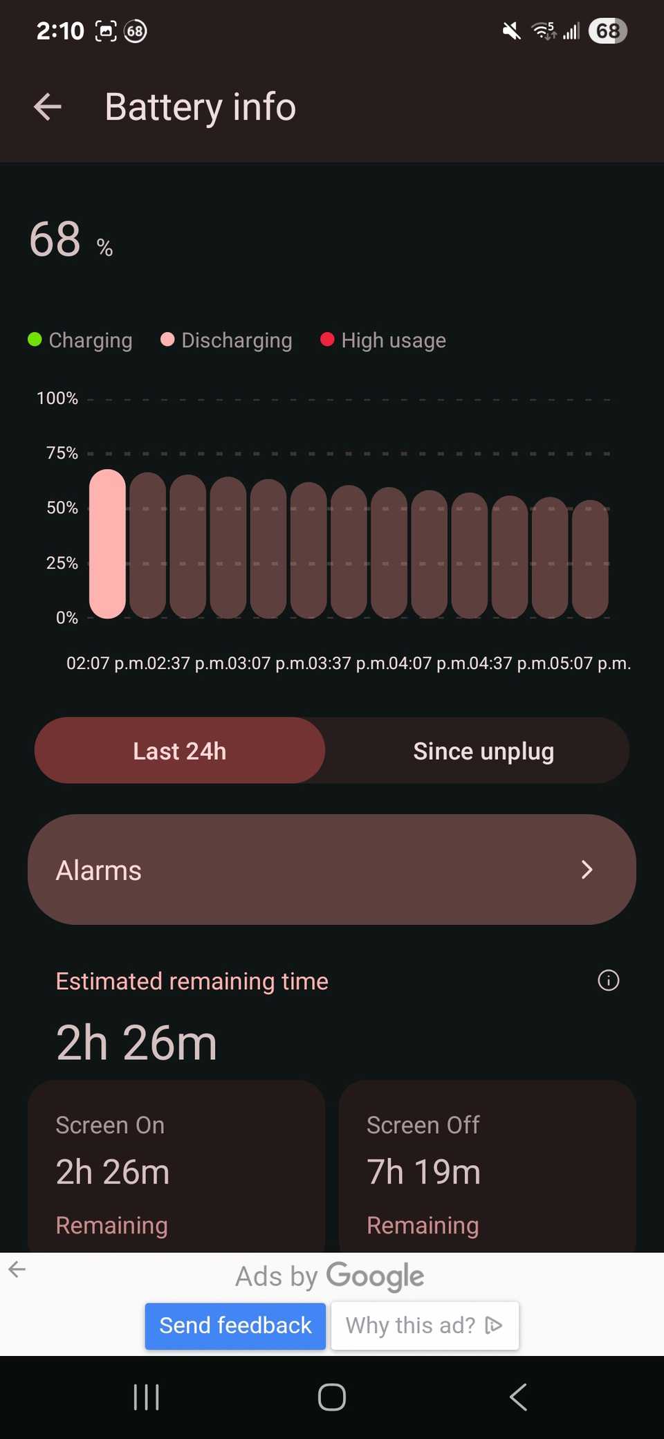 The Battery info page showing graphs of charging, discharging in the last 24 hours in the Battery Guru app