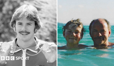 David Wilkie with Olympic medals and David and Adam swimming in the sea