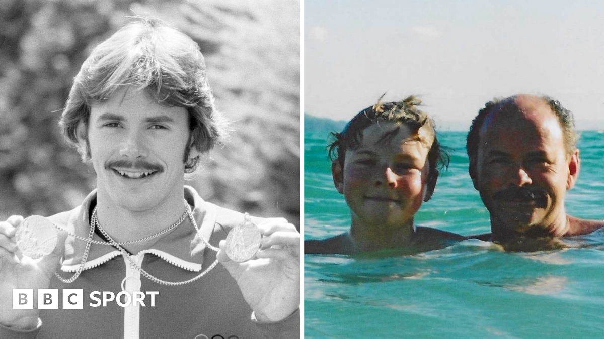 David Wilkie with Olympic medals and David and Adam swimming in the sea