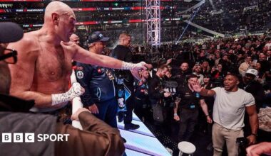 Tyson Fury calls out Anthony Joshua who is ringside