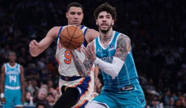 Charlotte Hornets guard LaMelo Ball (1) drives to the basket.
