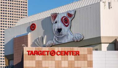 Target Center exterior logo and Bulleyes the dog.