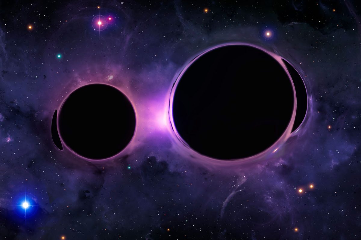 Illustration of two black holes orbiting each other.