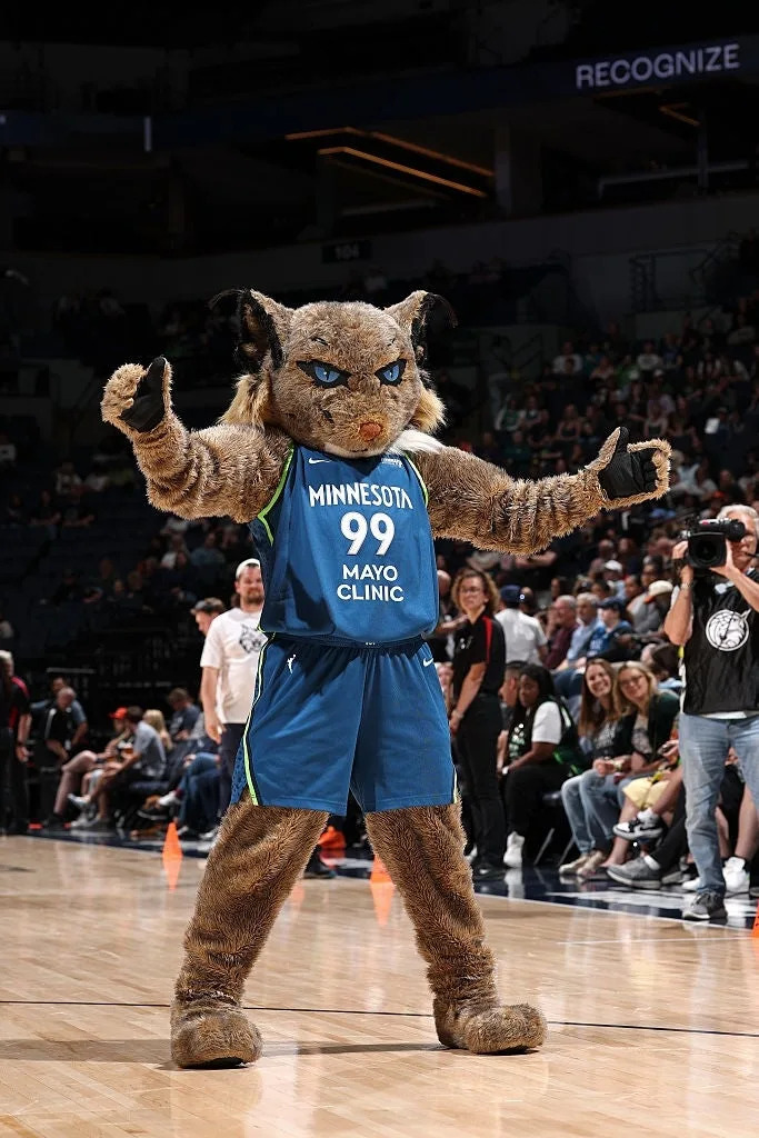 Basketball mascot in a jersey entertains a crowd on a court during a game. Audience and players are visible in the background