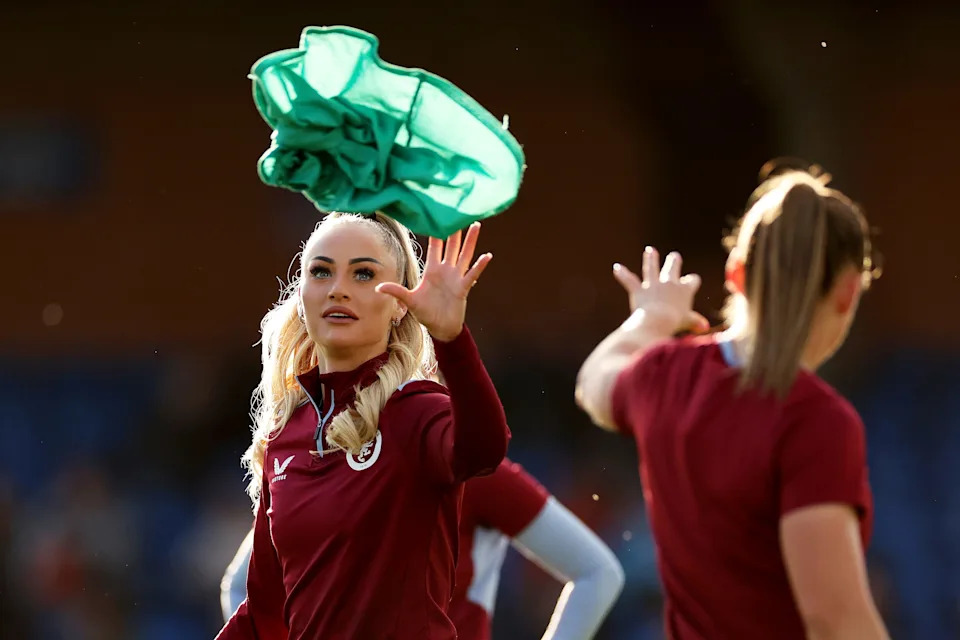 Alisha Lehmann of Aston Villa catches a bib for the warmup prior to the Barclays Women´s Super League match between Chelsea FC and Aston Villa.