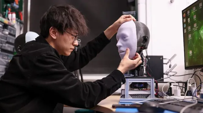 Yuhang Hu attaching a white robotic face to a dark robotic head.