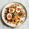 ExtractÃÂ from The Fast 800 Keto Recipe Book: Delicious low-carb recipes for rapid weight loss and long-term health by Dr Clare Bailey with Kathryn Bruton, and Dr Michael Mosley.
Harissa yoghurt with soft-boiledeggs and spinach
Good Food single use print and online, supplied viaÃÂ Hachette Australia, January 2023