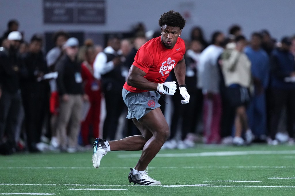 Caleb Downs of the Ohio State Buckeyes participating in drills during 2026 Ohio State Pro Day.