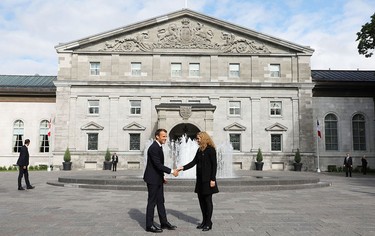 Governor General Julie Payette greets French President Emmanuel Macron at Rideau Hall on June 6, 2018.