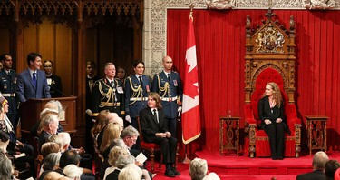 Prime Minister Justin Trudeau delivers his speech to the newly sworn-in Governor general Julie Payette in the Senate in Ottawa, Ontario, October 2, 2017.