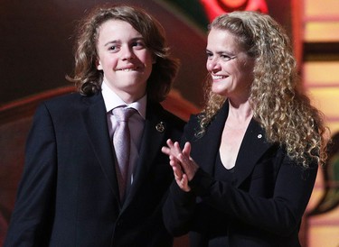 Governor General Julie Payette with her son, Laurier Payette Flynn, during a reception at the Canadian Museum of History in Gatineau, Que., on Oct. 2, 2017.