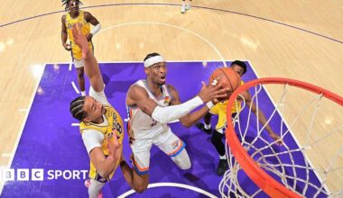 Oklahoma City Thunder's Shai Gilgeous-Alexander drives to the basket against the Los Angeles Lakers