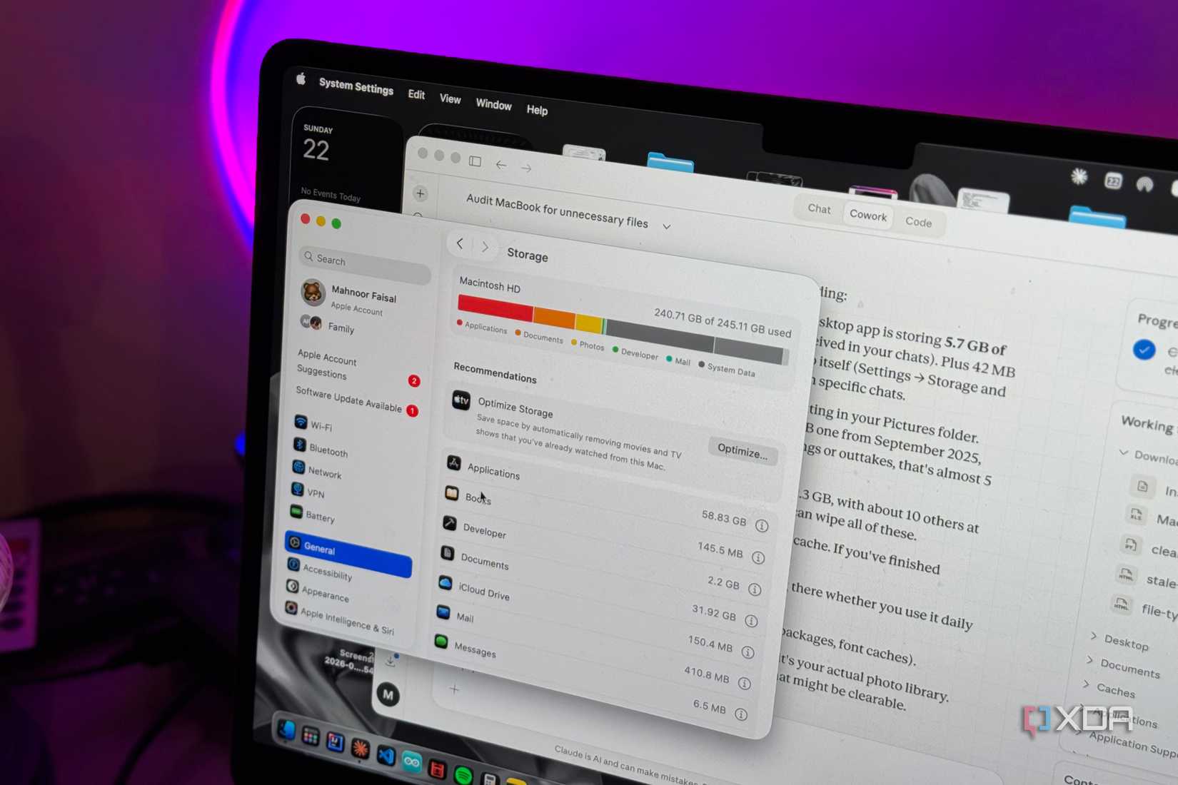 Claude Cowork and macbook storage page