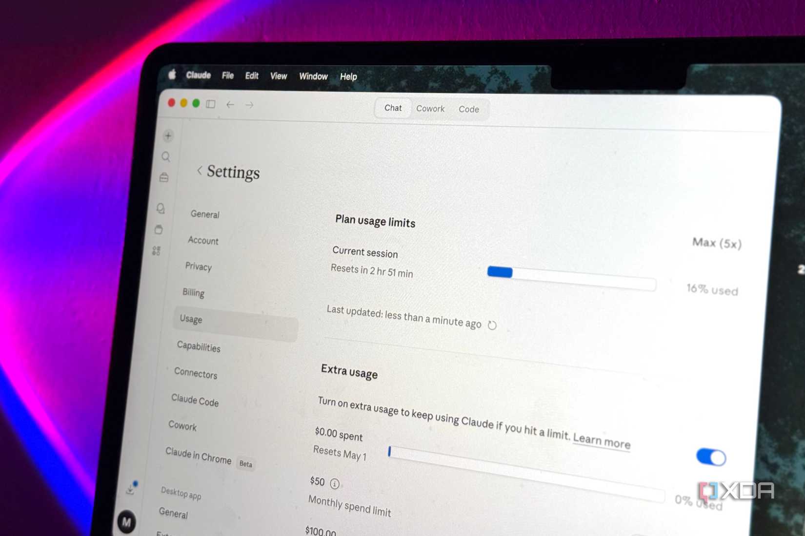 claude settings page showing plan usage limits and extra usage options on mac