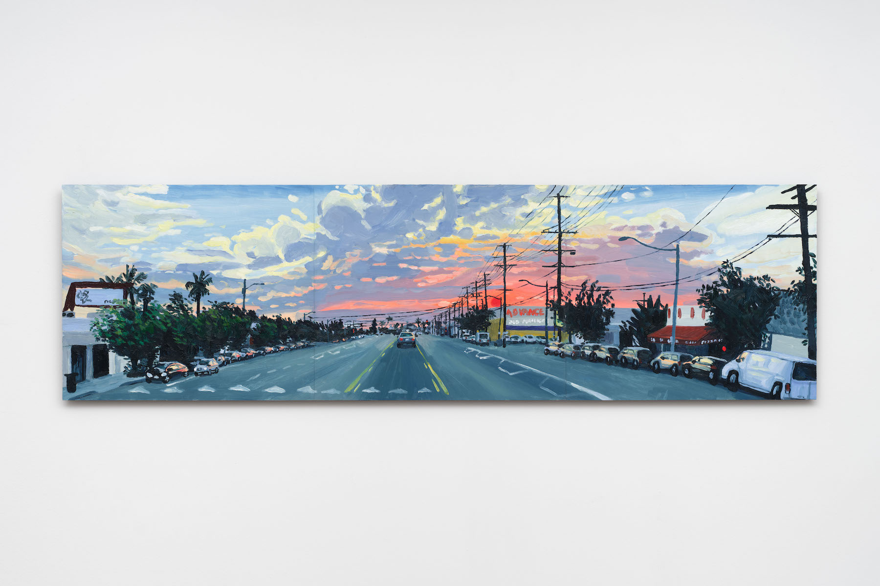 “LA sunset,” 2026. Oil on 3 masonite panels.