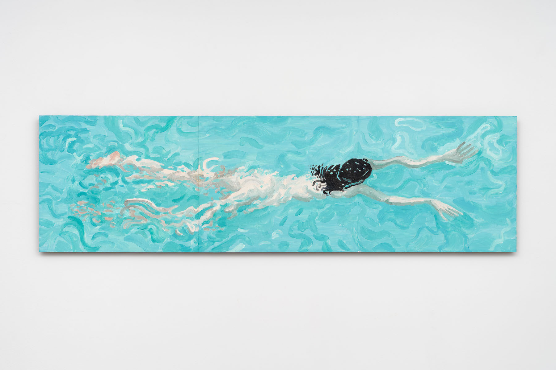 “Pool swimmer,” 2025. Oil on 3 masonite panels.