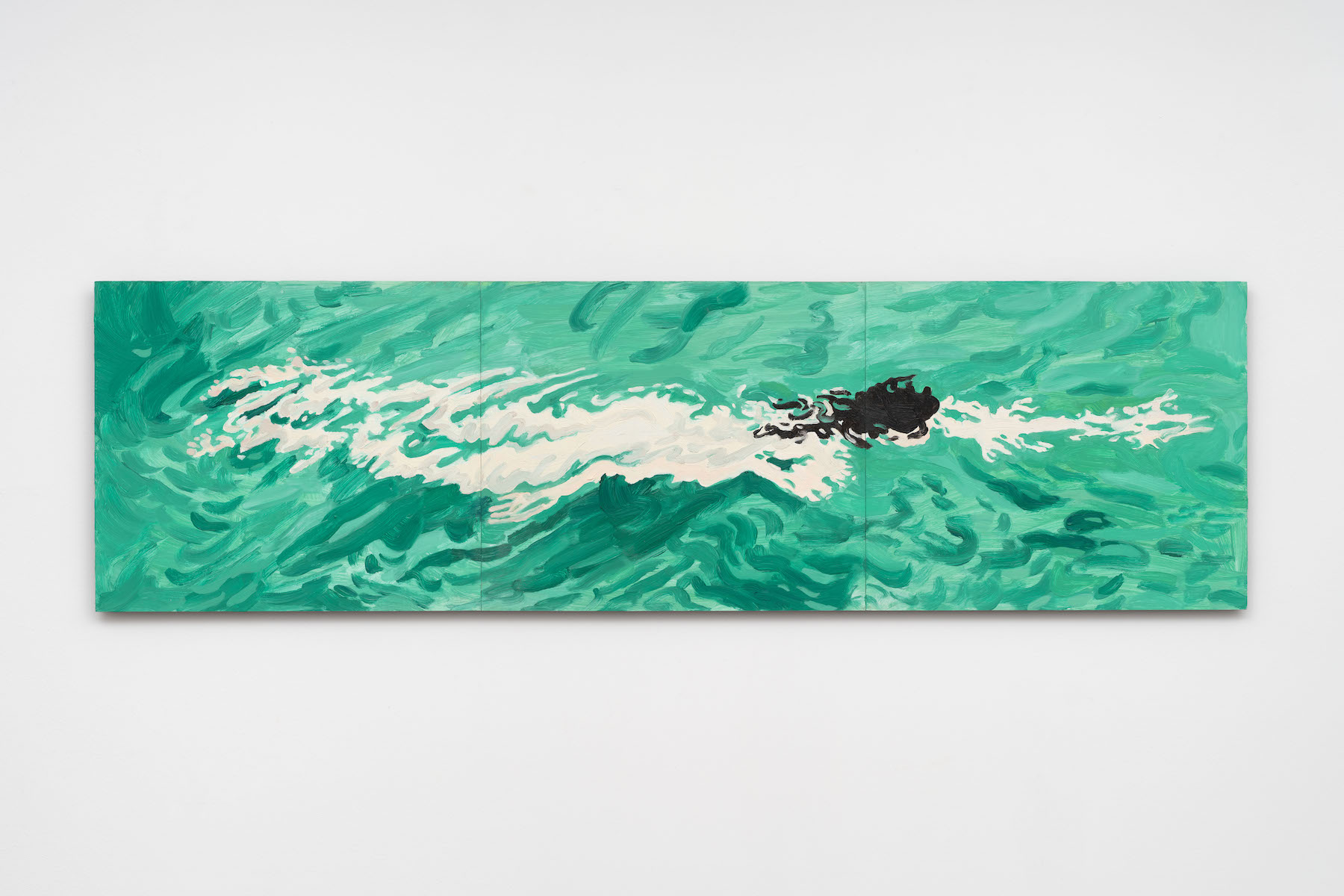 “River swimmer,” 2025. Oil on 3 masonite panels.