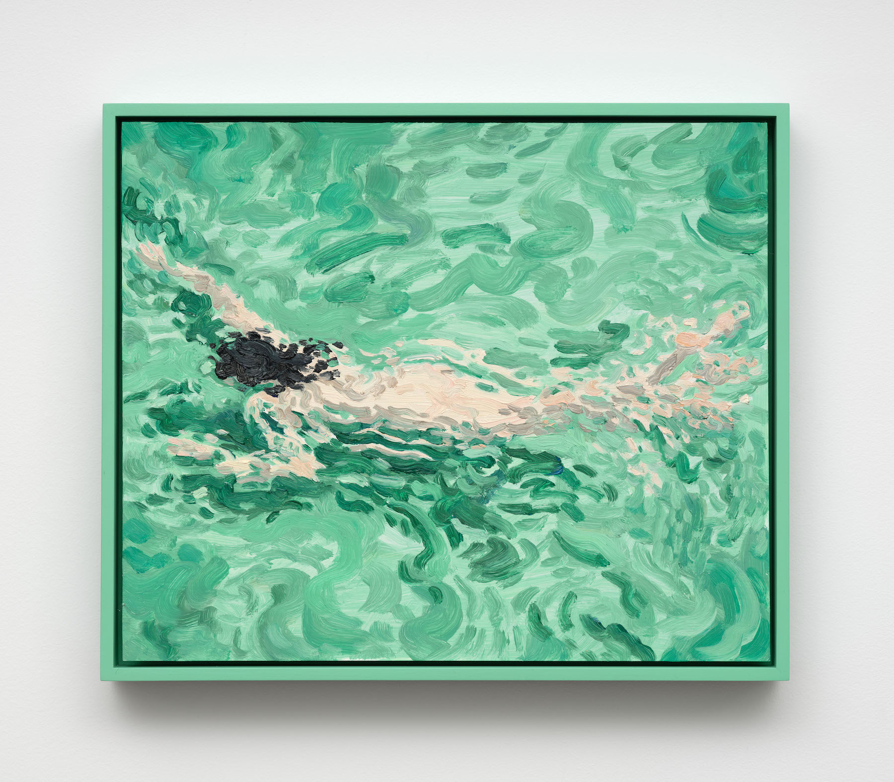 “Swimmer,” 2025. Oil on masonite pane