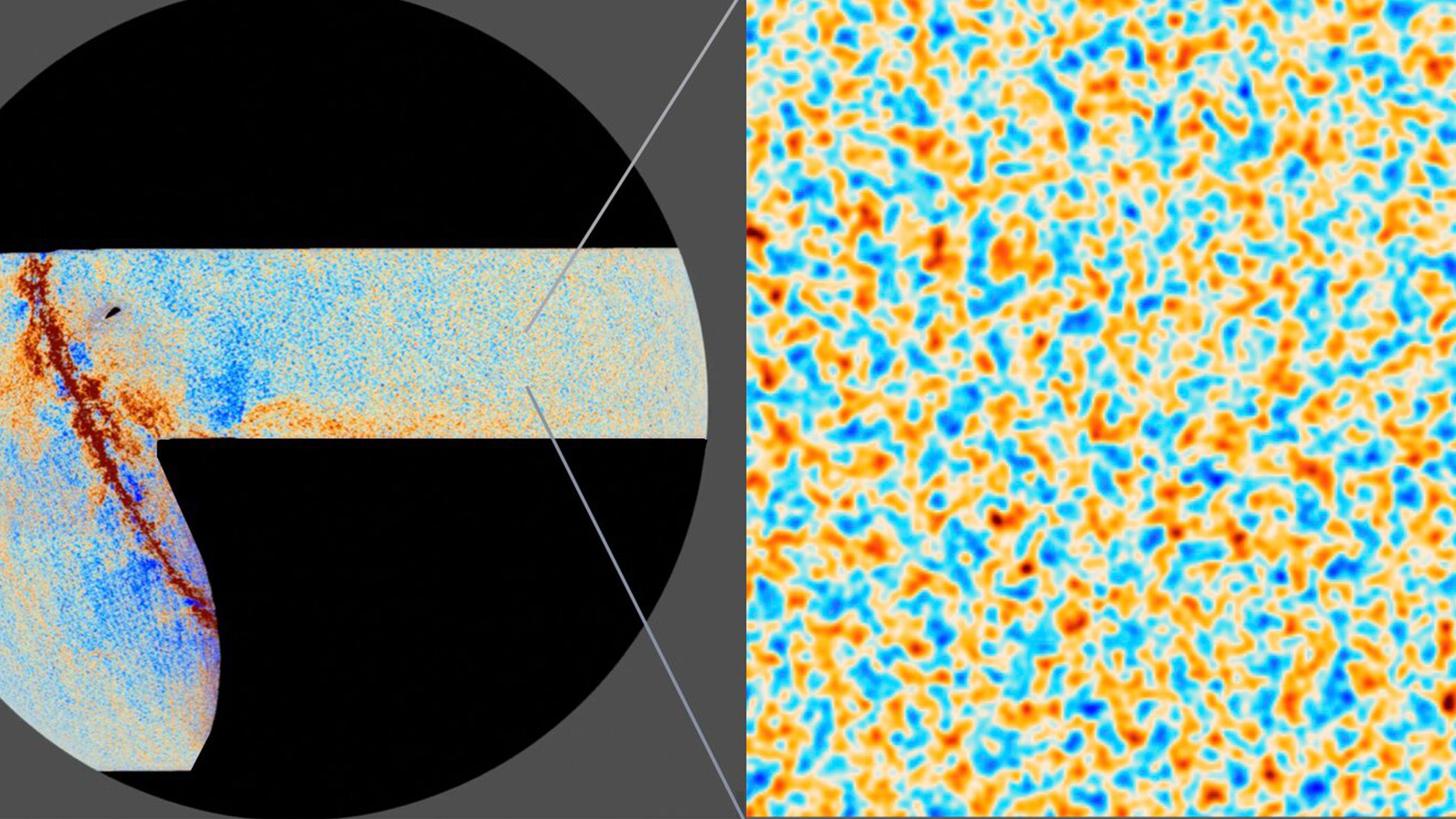 Shades of blue, orange and red patterns with a zoomed-in section showing detail