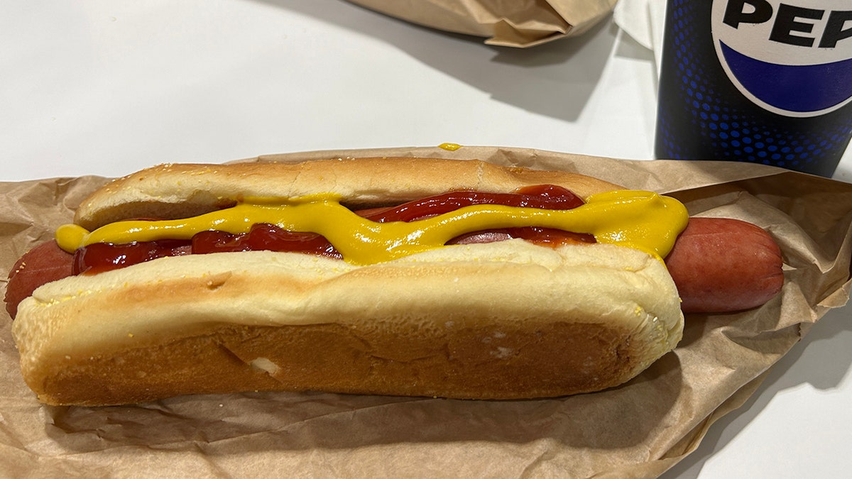 Classic hot dog combo meal with hot dog, soda, and fries on a tray at Costco in Queens New York