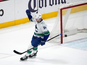 Vancouver Canucks center Linus Karlsson celebrates after scoring a shootout goal to defeat the San Jose Sharks.