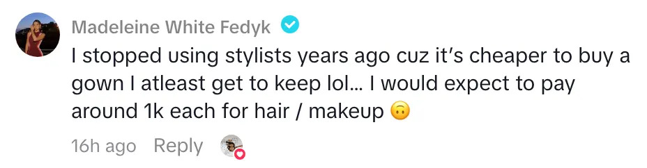 Comment from a user about not using stylists, preferring to buy a gown to keep, and expecting to pay $1k for hair and makeup