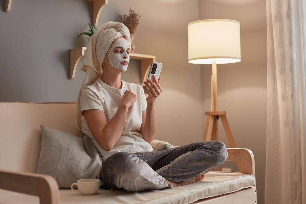 woman doing skincare mask at home.