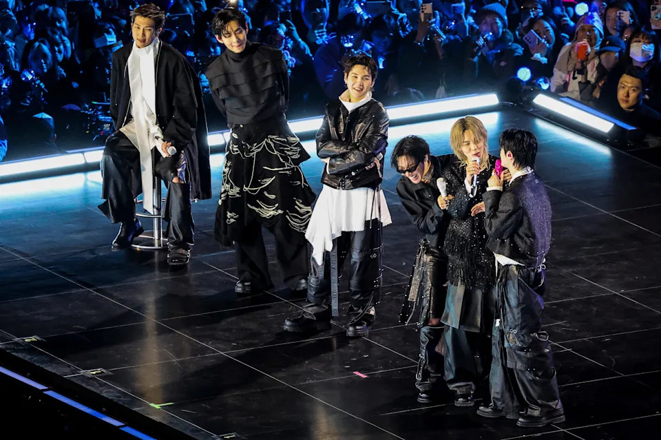 K-pop boy band BTS perform onstage during comeback concert at Gwanghwamun Square on March 21, 2026 in Seoul, South Korea. The free concert is the band's first performance in nearly four years.