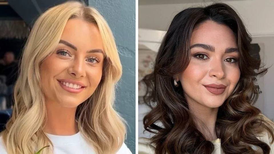 Two photos of women next to each other - one blonde with a white top, one brunette with a white top, both smiling at the camera
