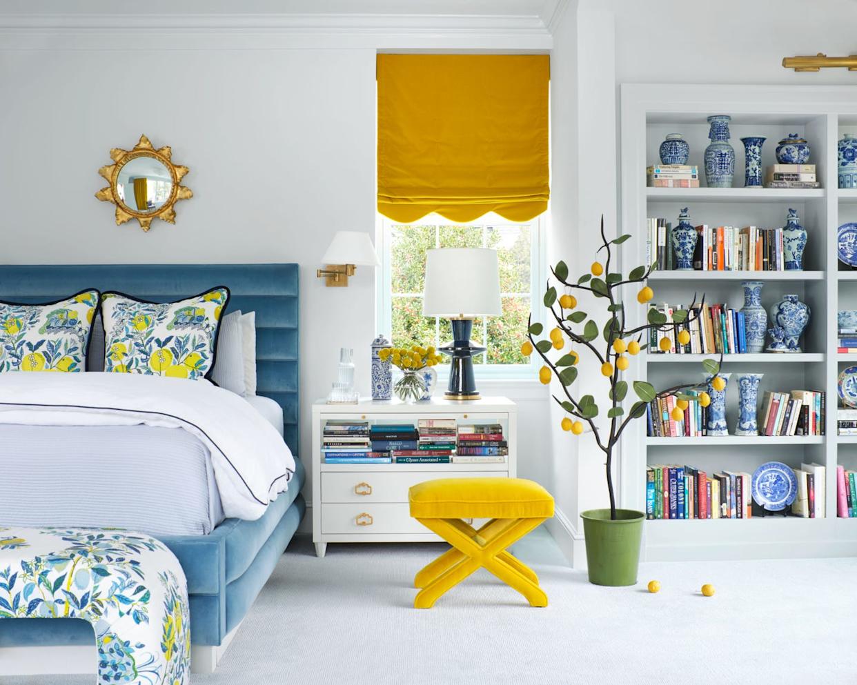 A vibrant and stylish bedroom with colorful decor and furnishings.