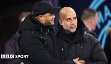 Burnley manager Vincent Kompany and Manchester City manager Pep Guardiola during the Premier League match between Manchester City and Burnley FC at Etihad Stadium on January 31, 2024